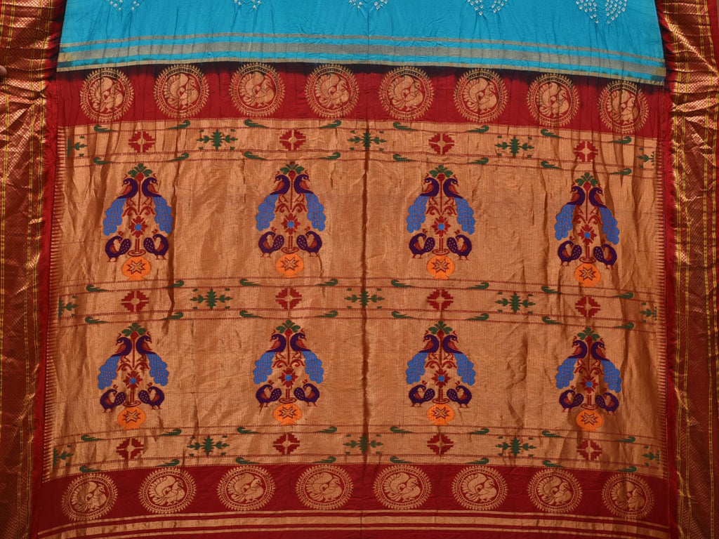 Sky Blue and Red Bandhani Paithani Silk Handloom Saree with Pallu Design bn0389