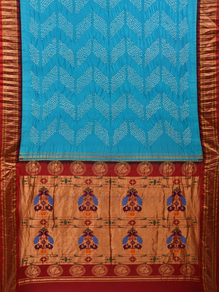 Sky Blue and Red Bandhani Paithani Silk Handloom Saree with Pallu Design bn0389