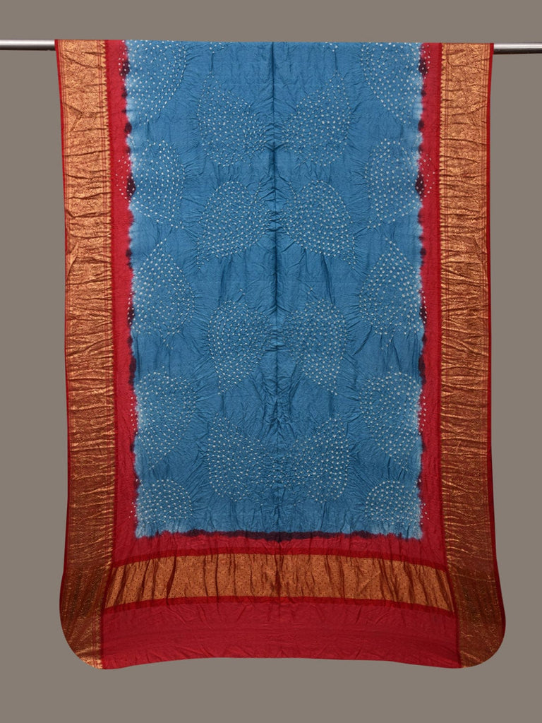 Teal and Red Bandhani Kanchipuram Silk Handloom Dupatta with Border and Leaf Design ds3014