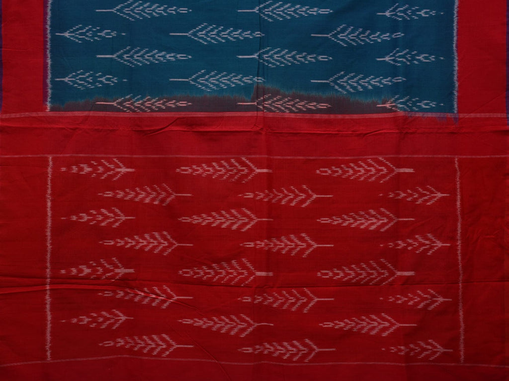 Teal and Red Pochampally Ikat Cotton Handloom Saree with All Over Design i0723
