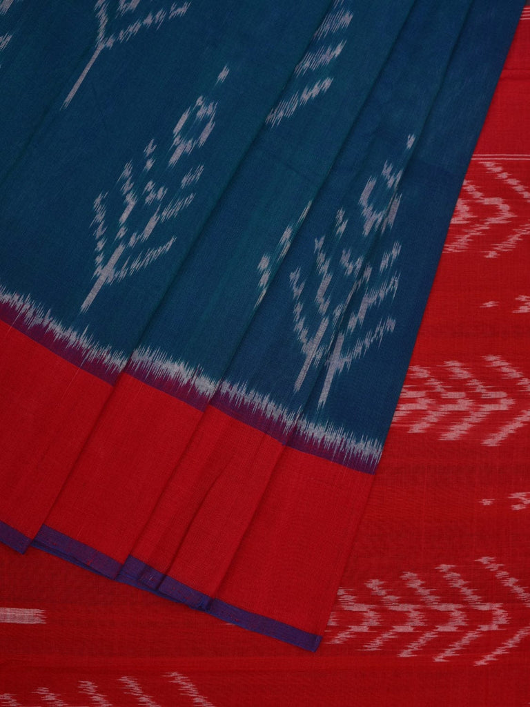 Teal and Red Pochampally Ikat Cotton Handloom Saree with All Over Design i0723