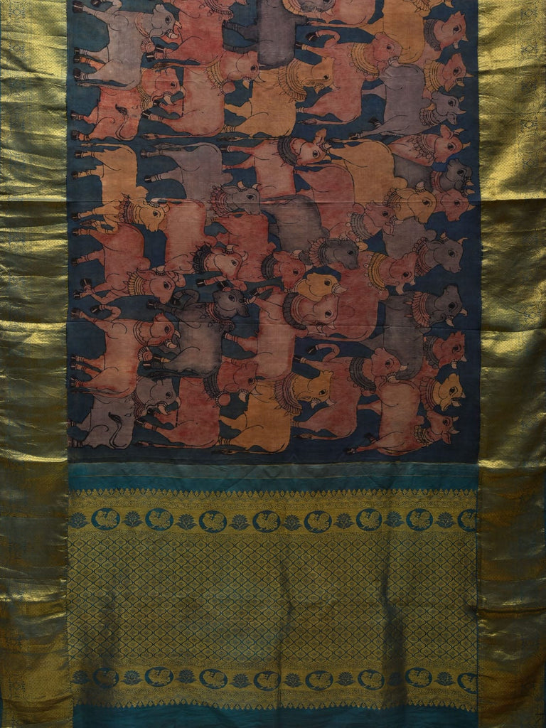 Teal Kalamkari Hand Painted Kanchipuram Silk Handloom Saree with Cows Design No Blouse KL0613