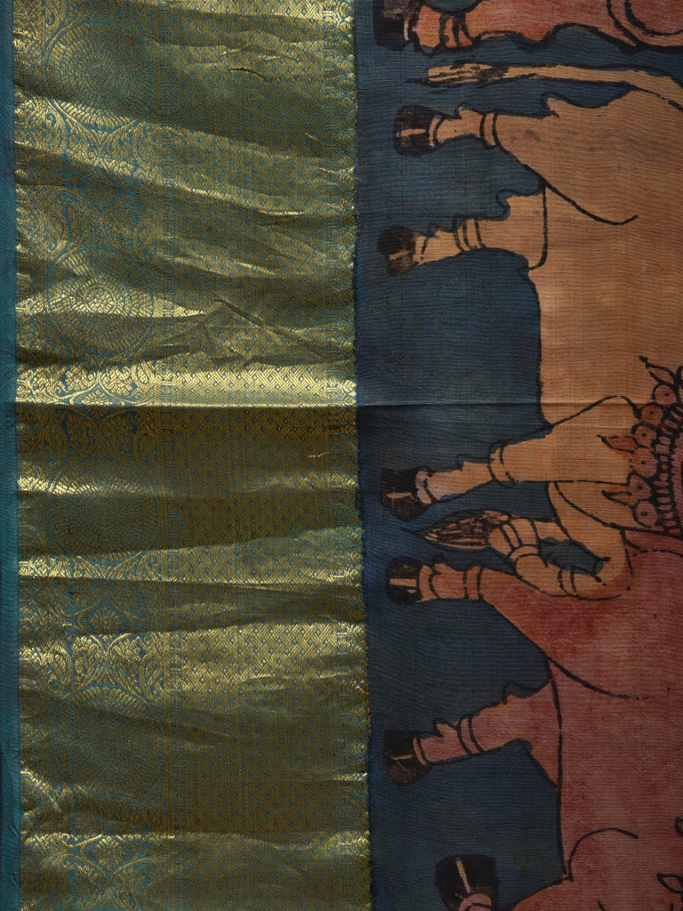 Teal Kalamkari Hand Painted Kanchipuram Silk Handloom Saree with Cows Design No Blouse KL0613