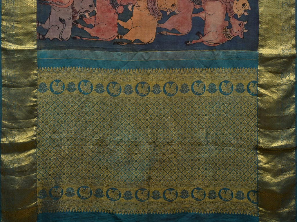 Teal Kalamkari Hand Painted Kanchipuram Silk Handloom Saree with Cows Design No Blouse KL0613