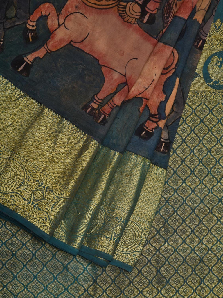Teal Kalamkari Hand Painted Kanchipuram Silk Handloom Saree with Cows Design No Blouse KL0613