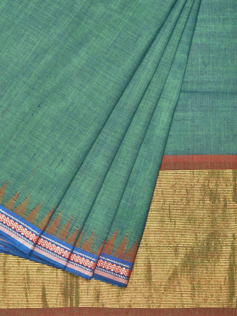 Teal Khadi Cotton Handloom Plain Saree with Doby Border Design Kh0437