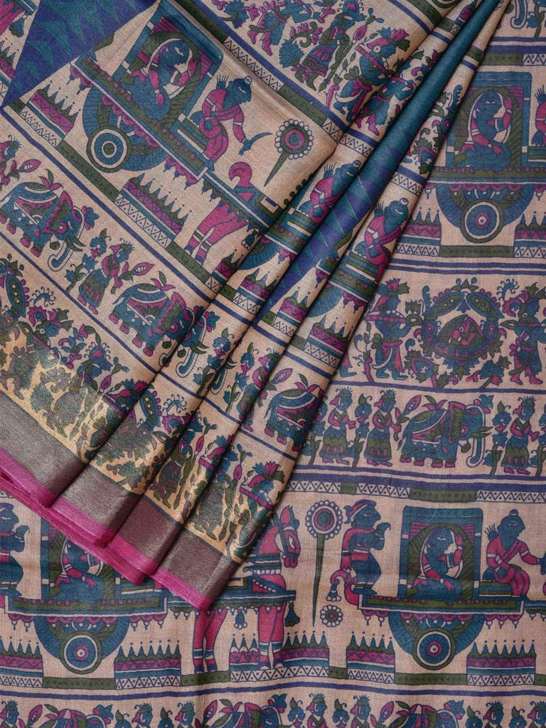 Teal Tussar Handloom Saree with All Over Madhubani Print Design o0220