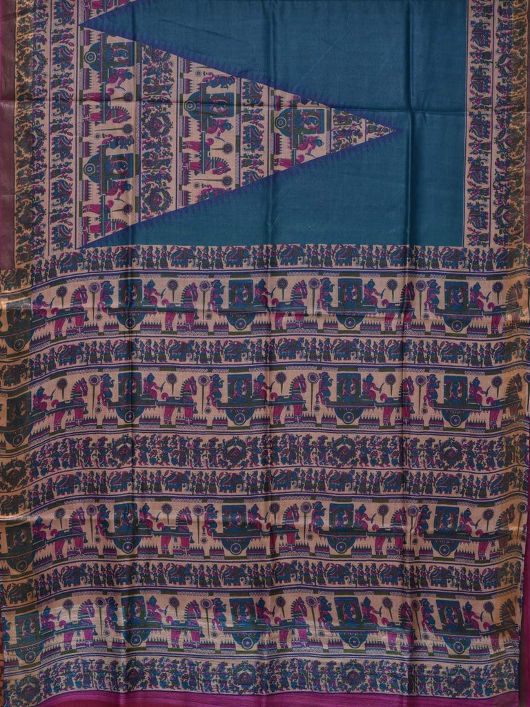 Teal Tussar Handloom Saree with All Over Madhubani Print Design o0220