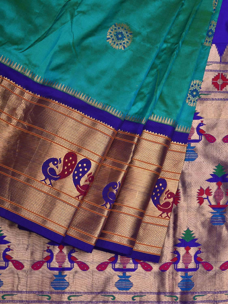 Turquoise and Blue Paithani Silk Handloom Saree with Pallu and Border Design p0412