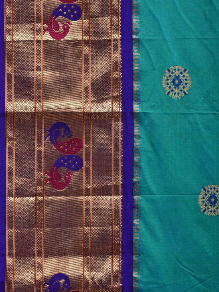 Turquoise and Blue Paithani Silk Handloom Saree with Pallu and Border Design p0412