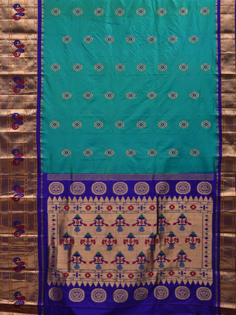 Turquoise and Blue Paithani Silk Handloom Saree with Pallu and Border Design p0412