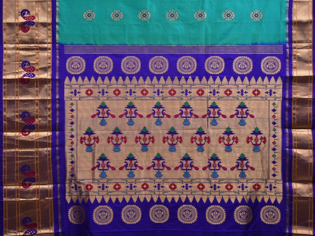 Turquoise and Blue Paithani Silk Handloom Saree with Pallu and Border Design p0412