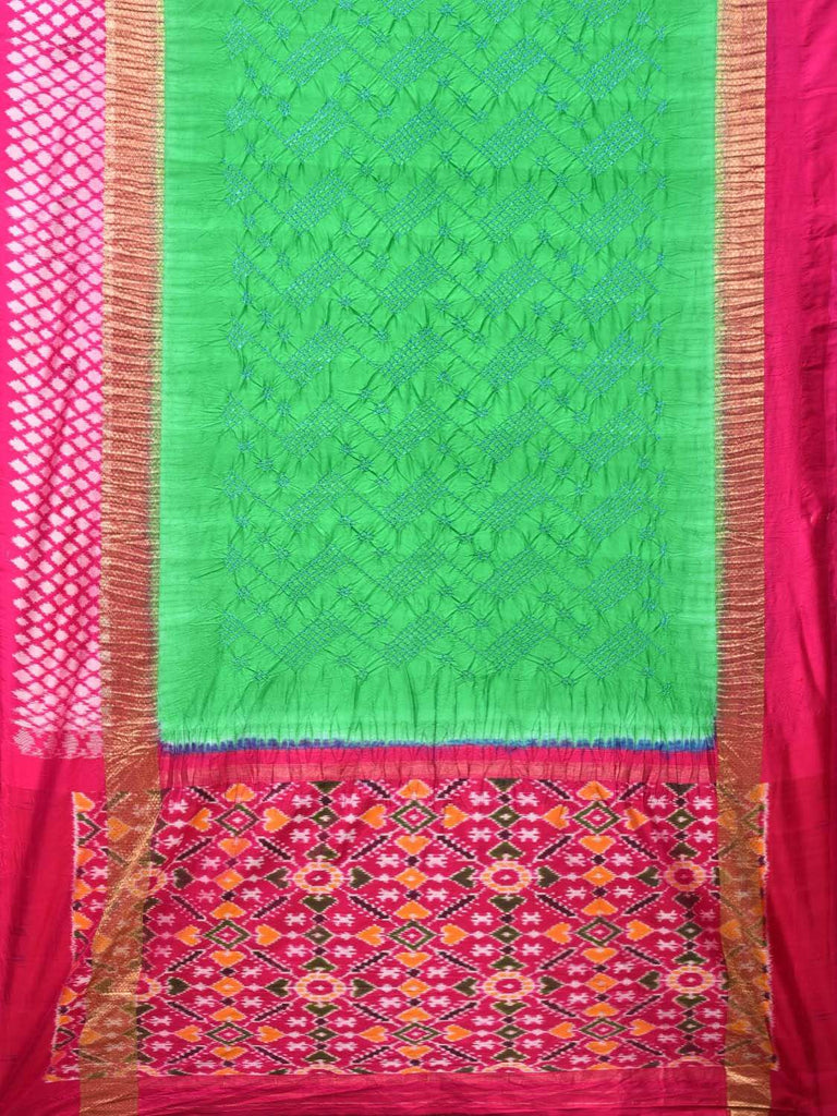 Turquoise and Pink Bandhani Ikat Silk Handloom Saree with Border Design bn0186