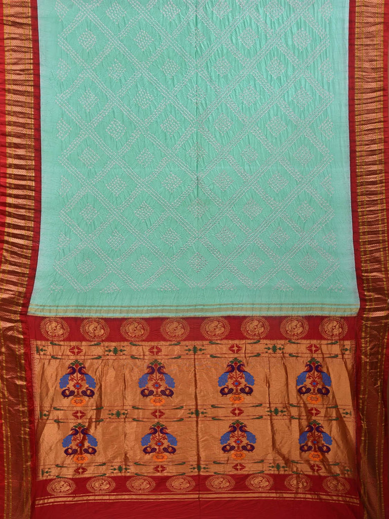 Turquoise and Red Bandhani Paithani Silk Handloom Saree with Pallu Design bn0387