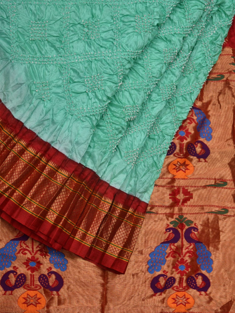 Turquoise and Red Bandhani Paithani Silk Handloom Saree with Pallu Design bn0387
