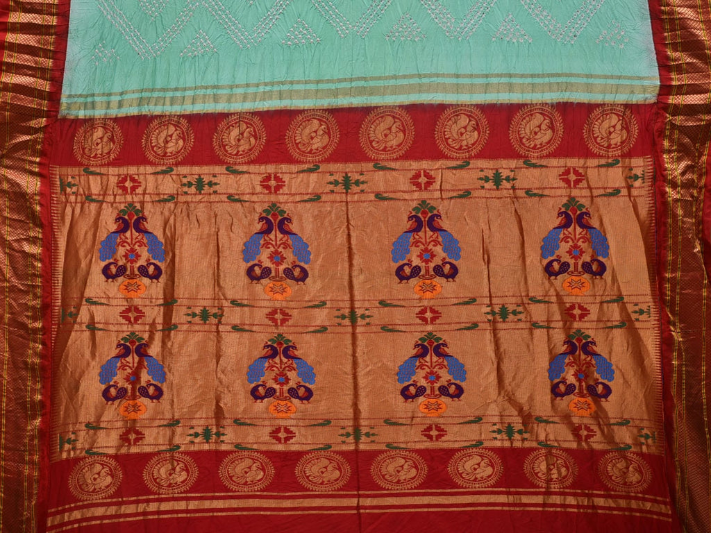 Turquoise and Red Bandhani Paithani Silk Handloom Saree with Pallu Design bn0387