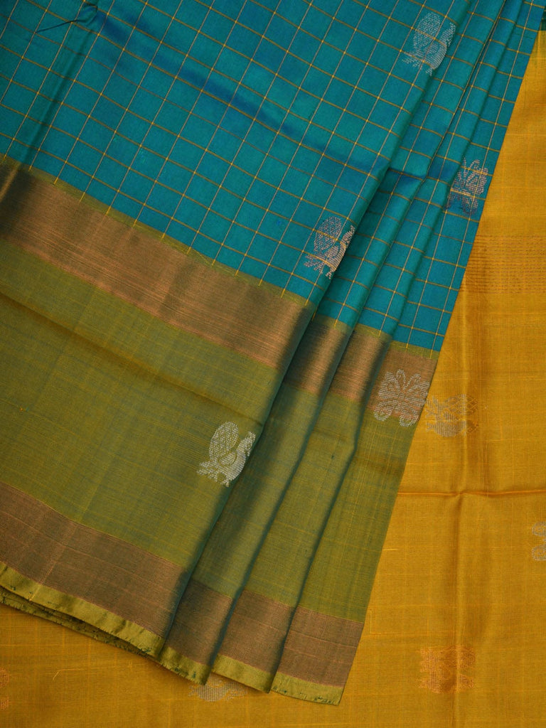 Turquoise and Yellow Uppada Silk Handloom Saree with Checks and Buta Design u1850