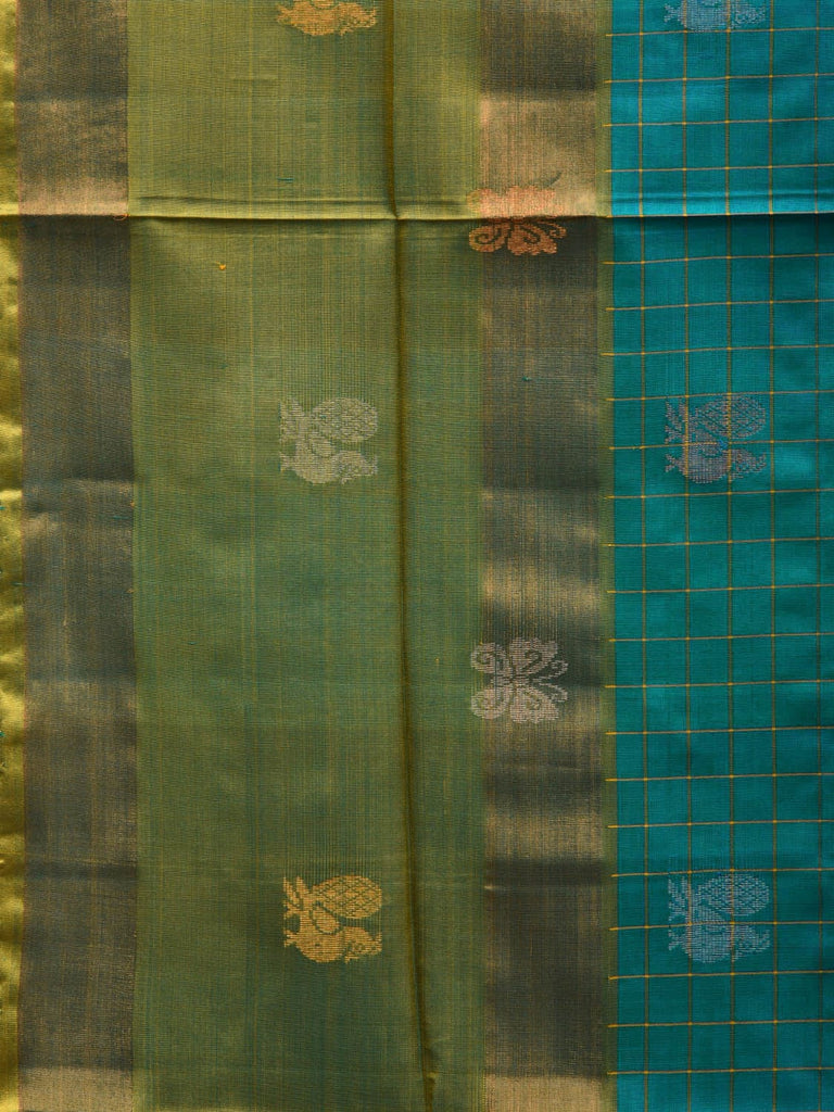 Turquoise and Yellow Uppada Silk Handloom Saree with Checks and Buta Design u1850
