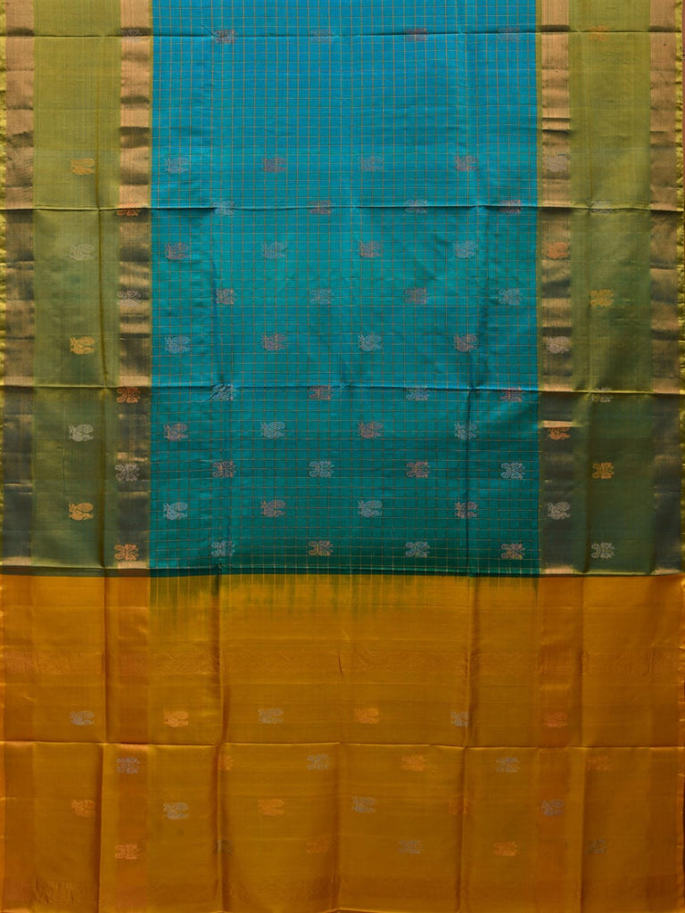 Turquoise and Yellow Uppada Silk Handloom Saree with Checks and Buta Design u1850