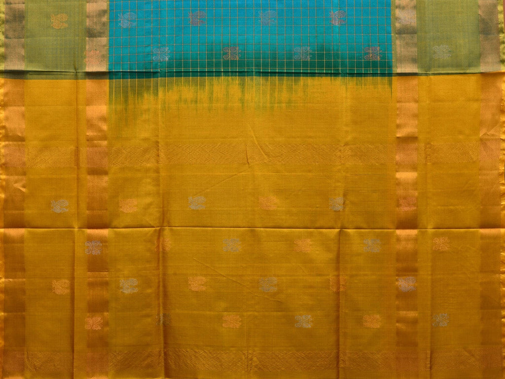 Turquoise and Yellow Uppada Silk Handloom Saree with Checks and Buta Design u1850