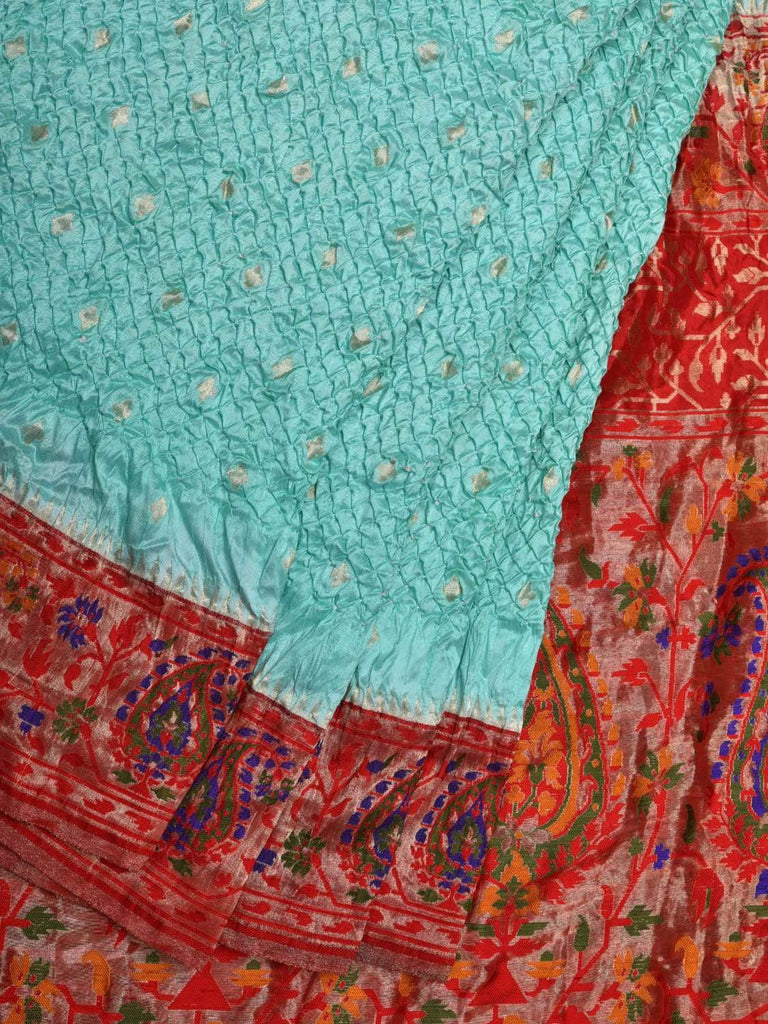 Turquoise Bandhani Banaras Silk Handloom Saree with Mango Border Design bn0272