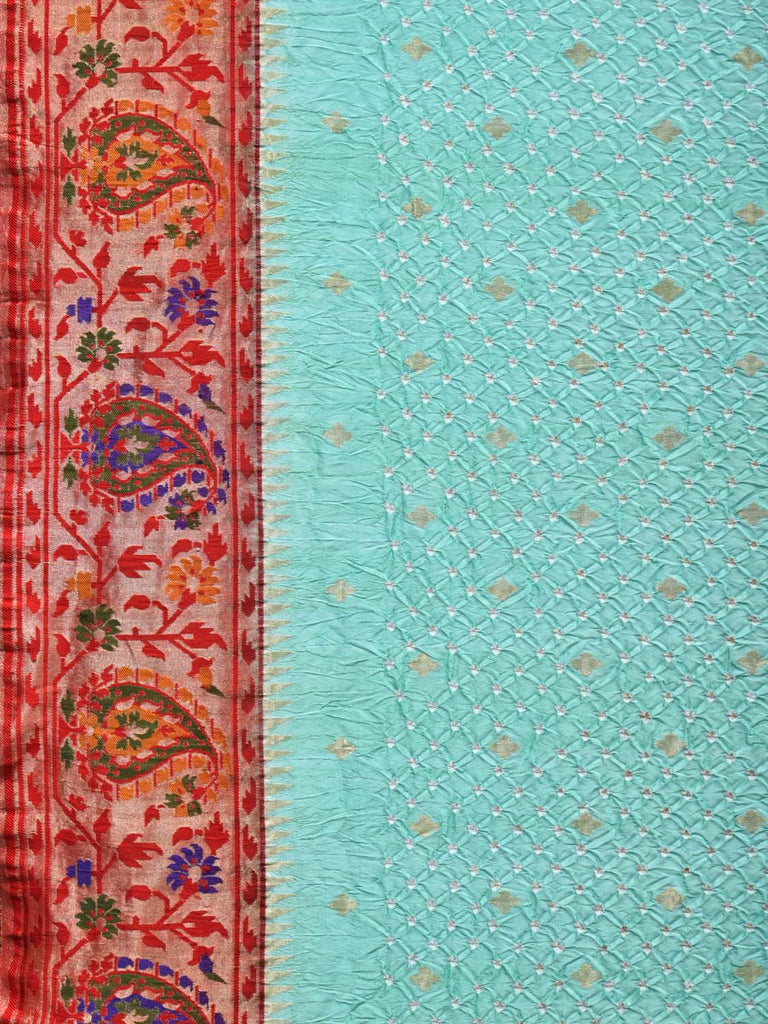 Turquoise Bandhani Banaras Silk Handloom Saree with Mango Border Design bn0272