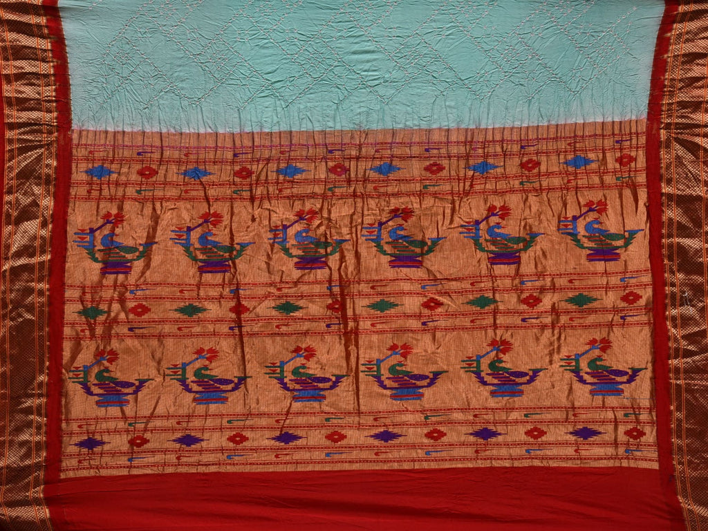 Turquoise Bandhani Paithani Silk Handloom Saree with Pallu Design bn0338