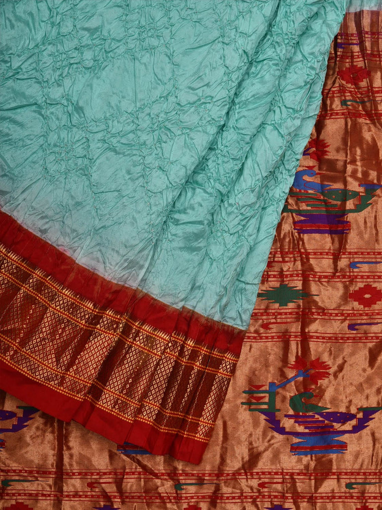 Turquoise Bandhani Paithani Silk Handloom Saree with Pallu Design bn0338