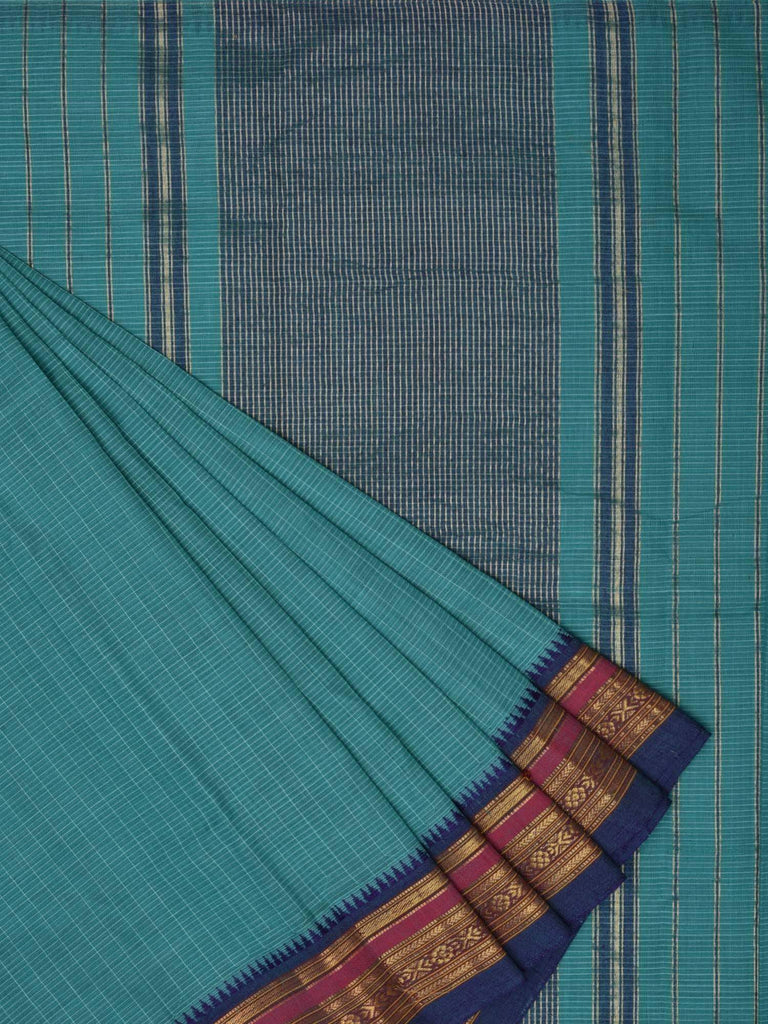 Turquoise Narayanpet Cotton Handloom Saree with Checks Design No Blouse Np0129