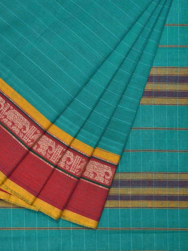 Turquoise Narayanpet Cotton Handloom Saree with Strips and Elephant Border Design No Blouse np0209