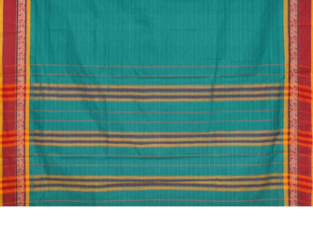 Turquoise Narayanpet Cotton Handloom Saree with Strips and Elephant Border Design No Blouse np0209