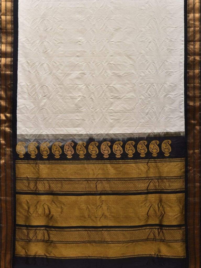 White and Black Gadwal Silk Handloom Saree with Mango Pallu Design g0272