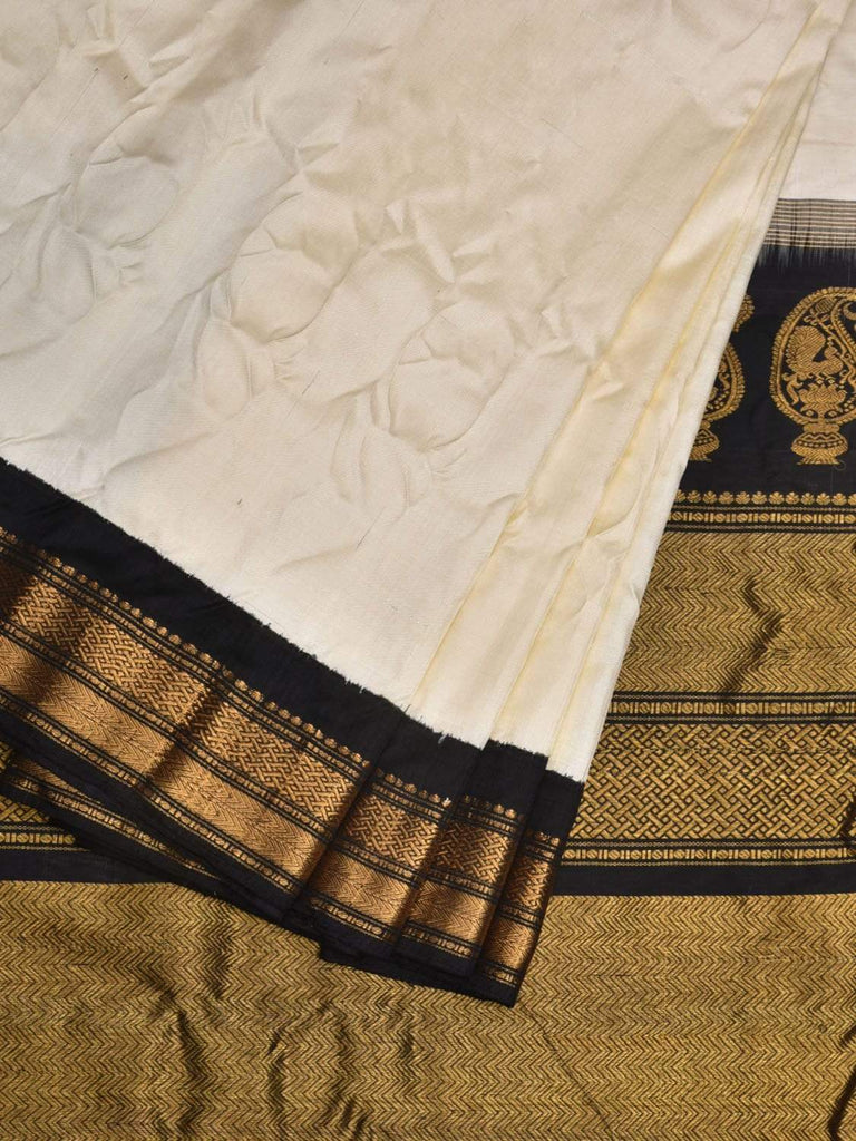White and Black Gadwal Silk Handloom Saree with Mango Pallu Design g0272