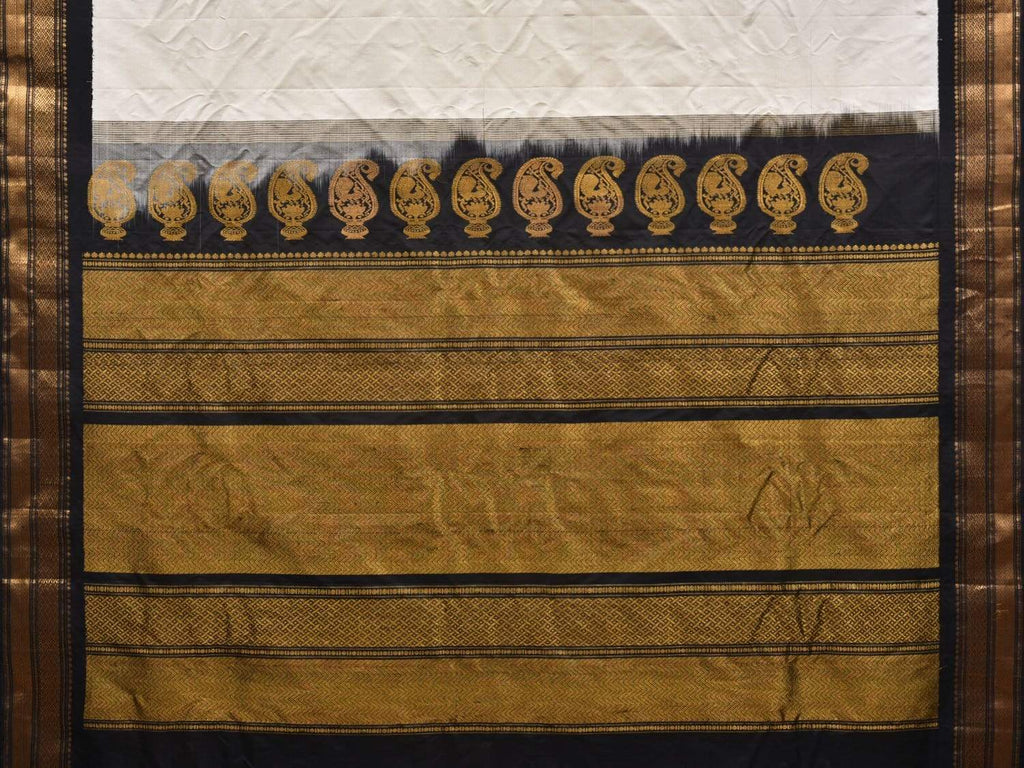 White and Black Gadwal Silk Handloom Saree with Mango Pallu Design g0272