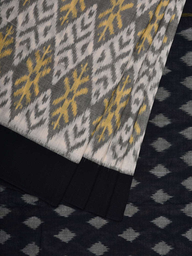 White and Black Pochampally Ikat Cotton Handloom Saree with Grill Design i0654