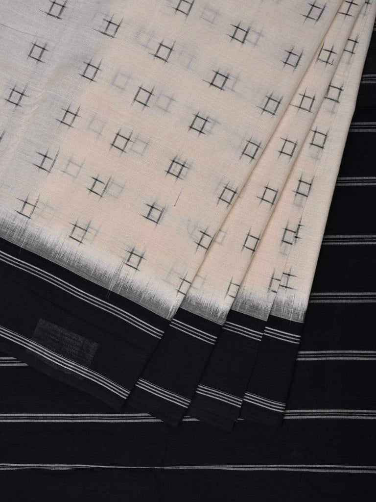 White and Black Pochampally Ikat Cotton Handloom Saree with Strips Pallu Design i0605