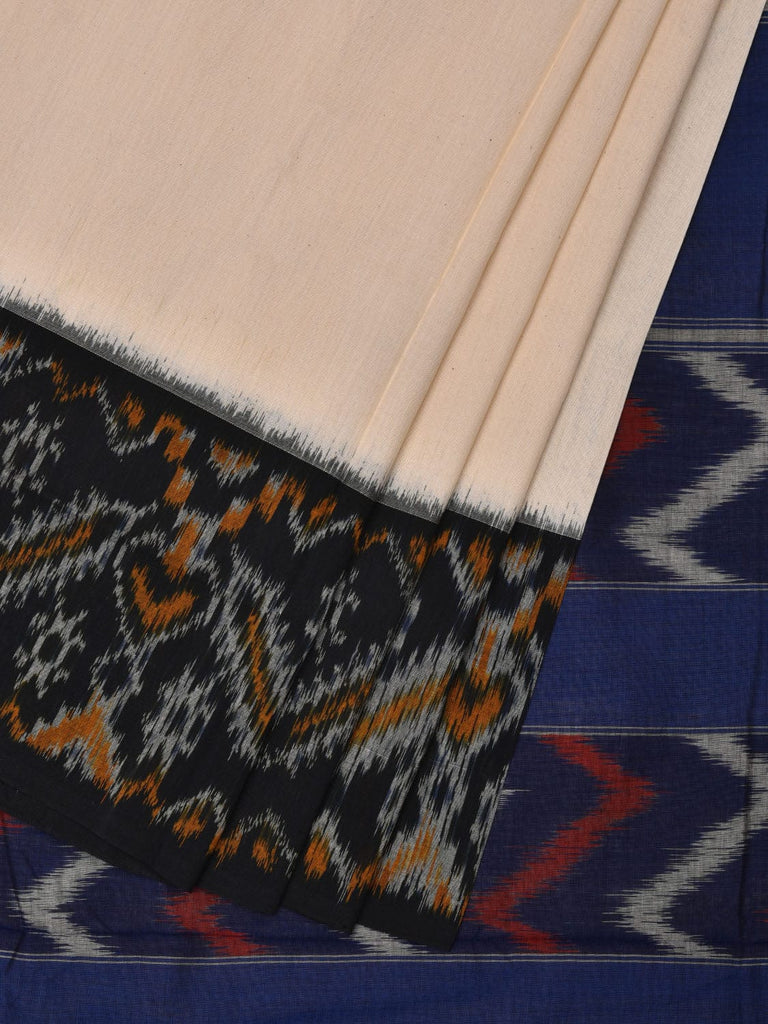 White and Blue Pochampally Ikat Cotton Handloom Saree with Border Design i0696