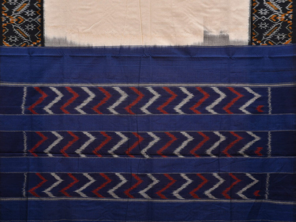 White and Blue Pochampally Ikat Cotton Handloom Saree with Border Design i0696