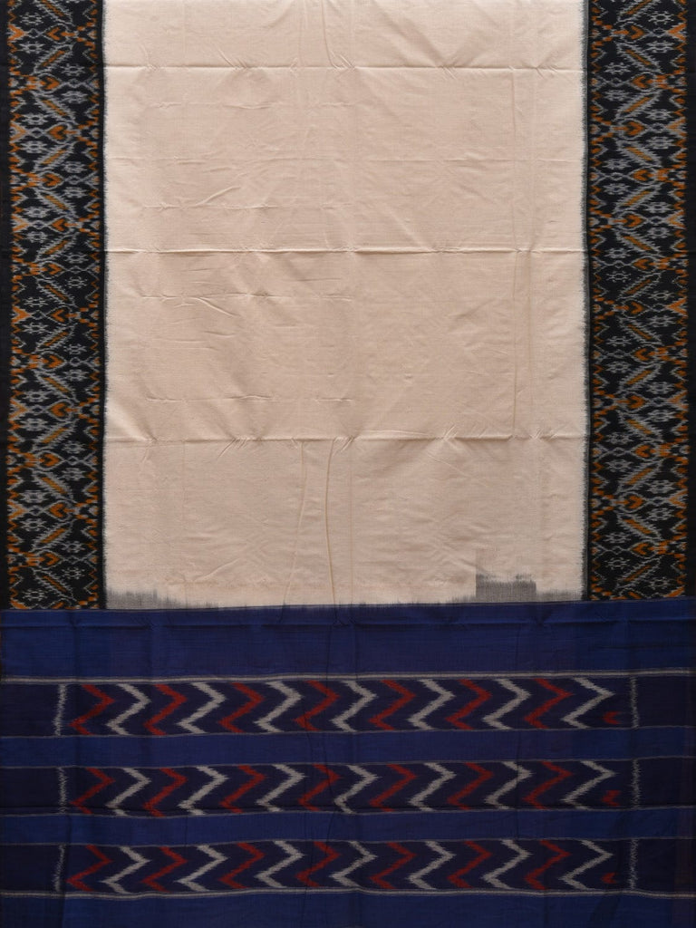 White and Blue Pochampally Ikat Cotton Handloom Saree with Border Design i0696