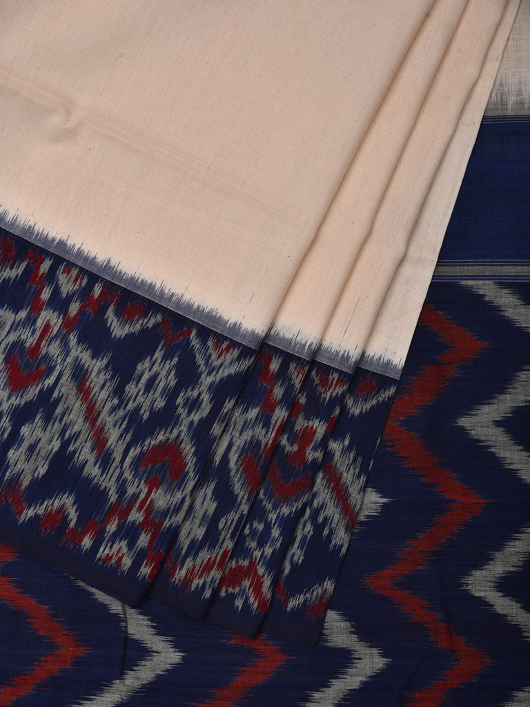 White and Blue Pochampally Ikat Cotton Handloom Saree with Border Design u0693