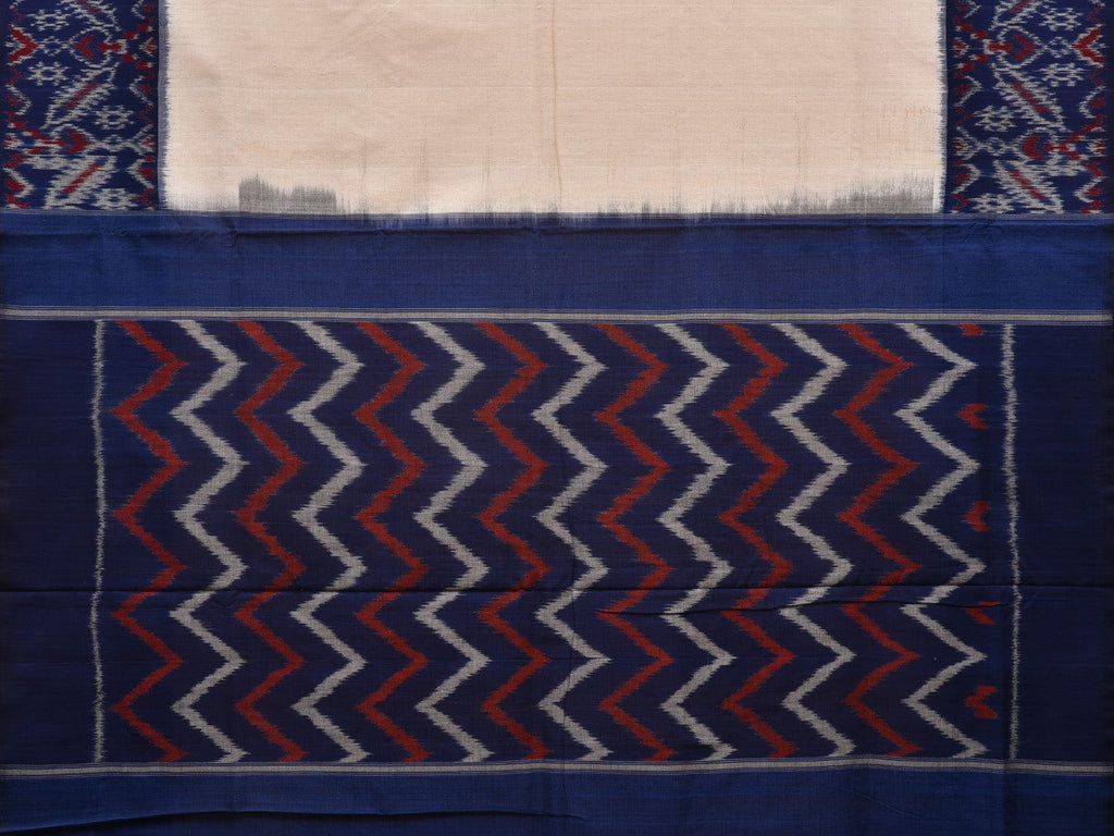 White and Blue Pochampally Ikat Cotton Handloom Saree with Border Design u0693