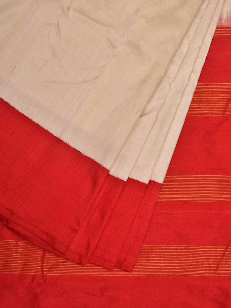 White and Red Gadwal Cotton Handloom Plain Saree with Strips Pallu Design g0280