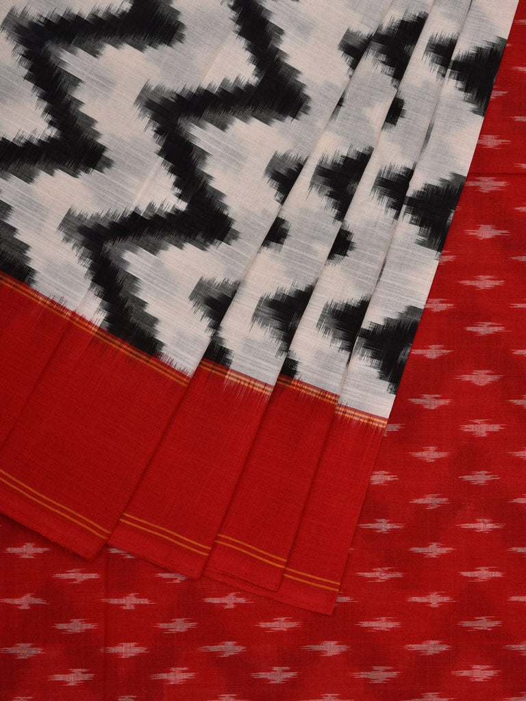 White and Red Pochampally Ikat Cotton Handloom Saree with Zig-Zag Design i0688