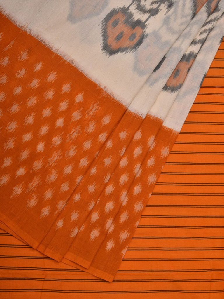 White and Yellow Pochampally Ikat Cotton Handloom Saree with Body Buta Design i0690