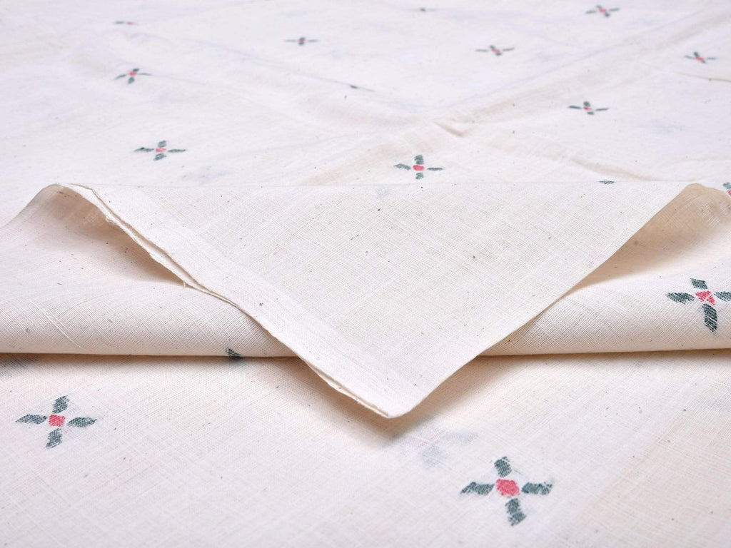 White Khadi Cotton Handloom Fabric With X Buta Design Without Border F0033