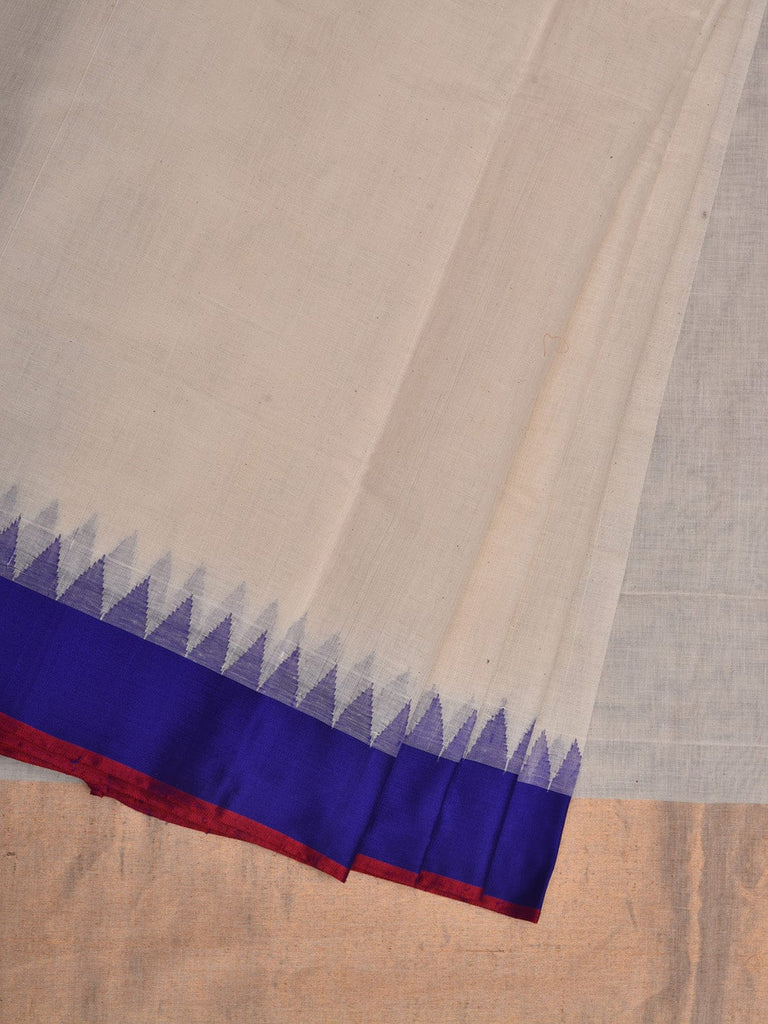 White Khadi Cotton Handloom Plain Saree with Temple Border Design kh0580