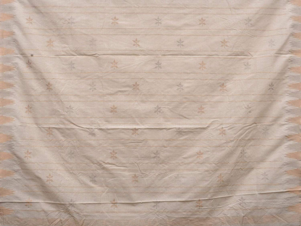 White Khadi Cotton Handloom Saree with Temple Border and Buta Design kh0522