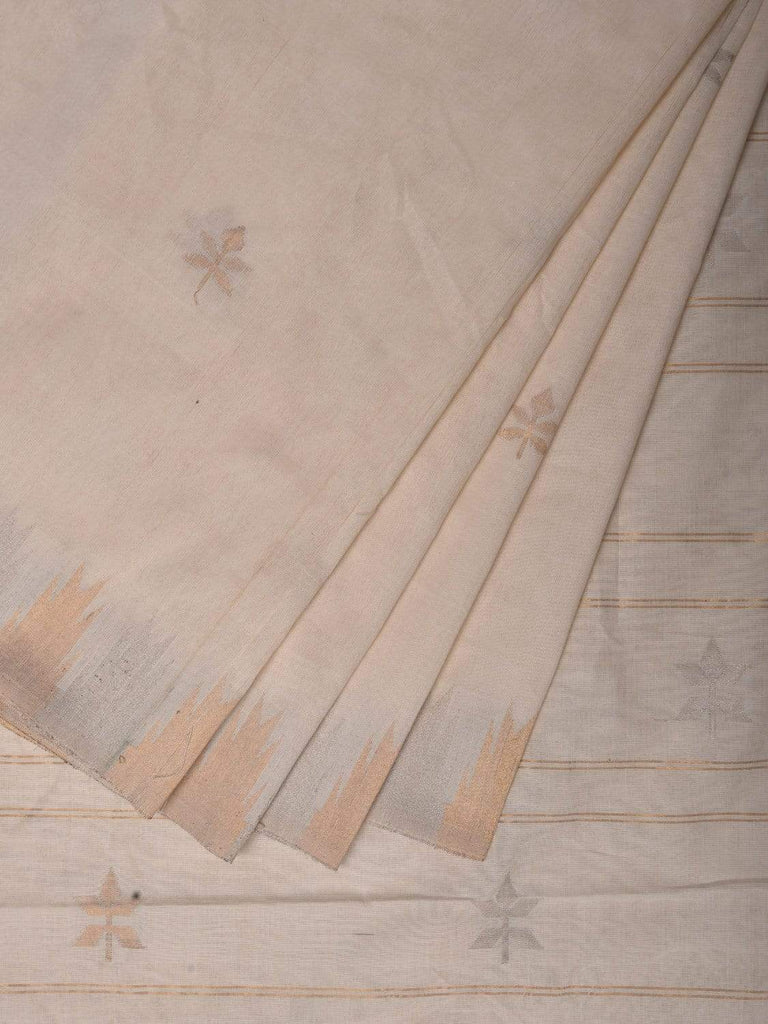 White Khadi Cotton Handloom Saree with Temple Border and Buta Design kh0522