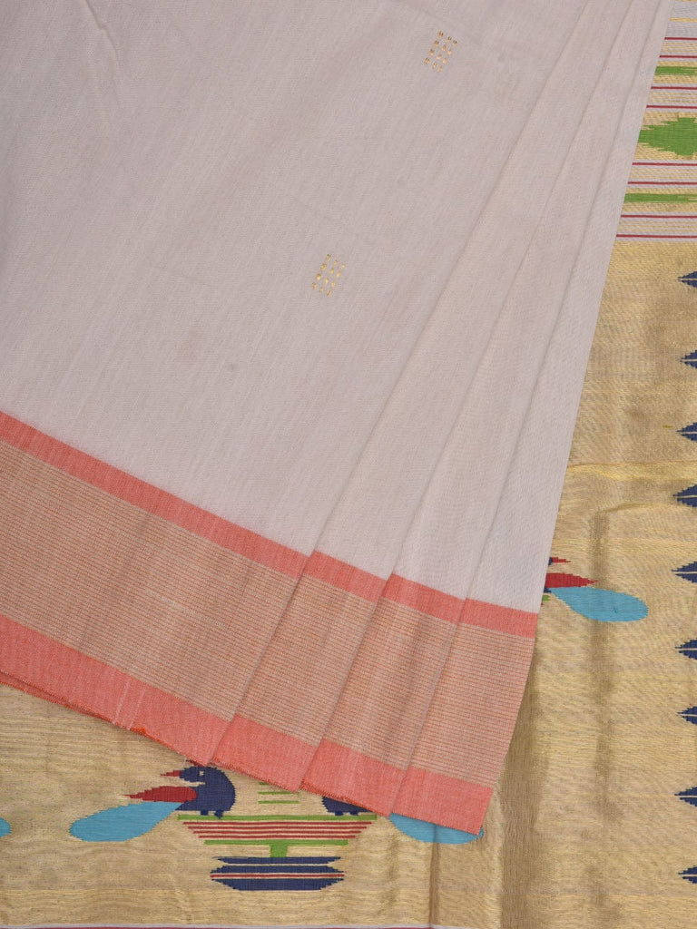 White Paithani Cotton Handloom Saree with Double Pallu Design p0459