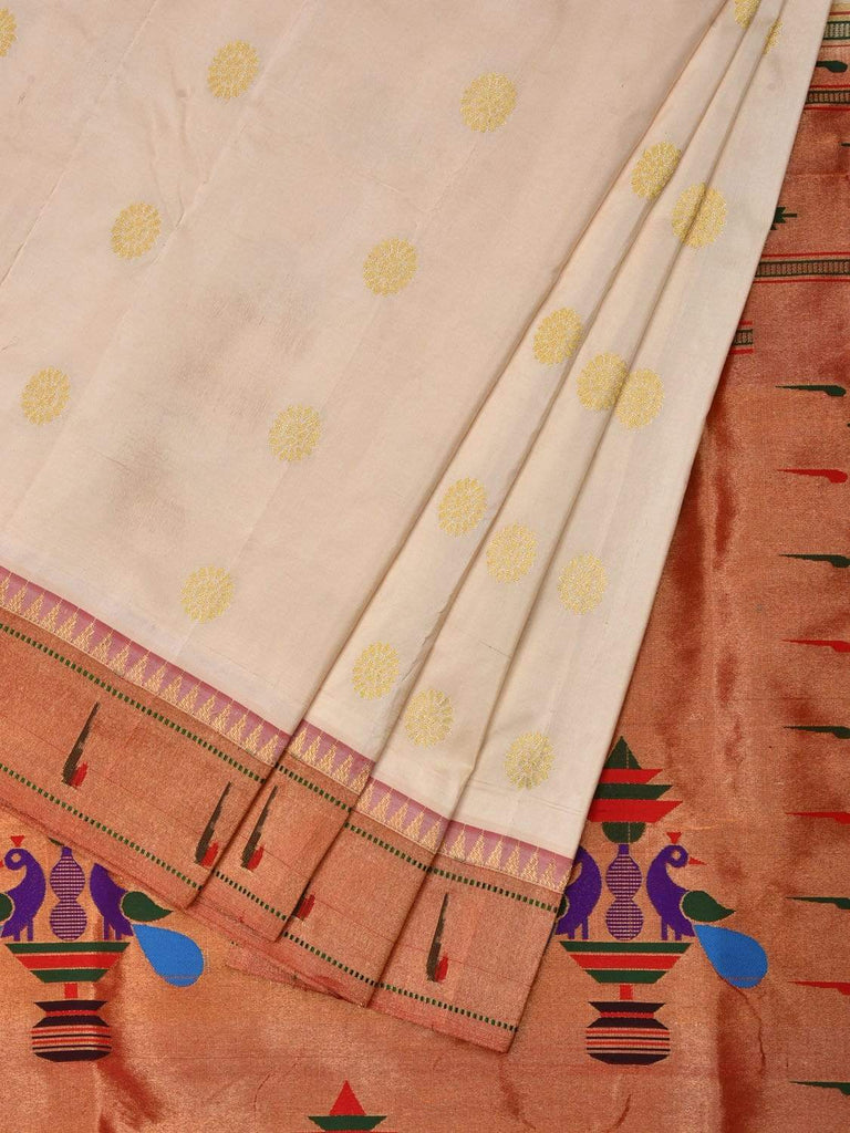 White Paithani Silk Handloom Saree with Muniya Border Design p0379